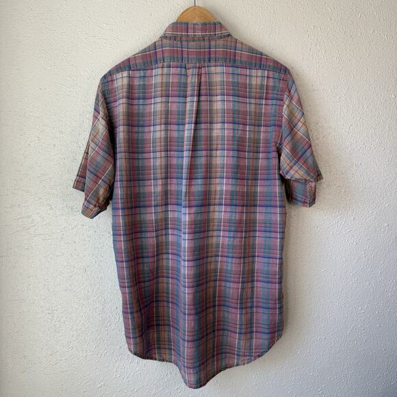 Chaps Ralph Lauren 90s Vintage Gauzy Light Button Plaid Shirt - Pink Mns Large - Picture 2 of 10